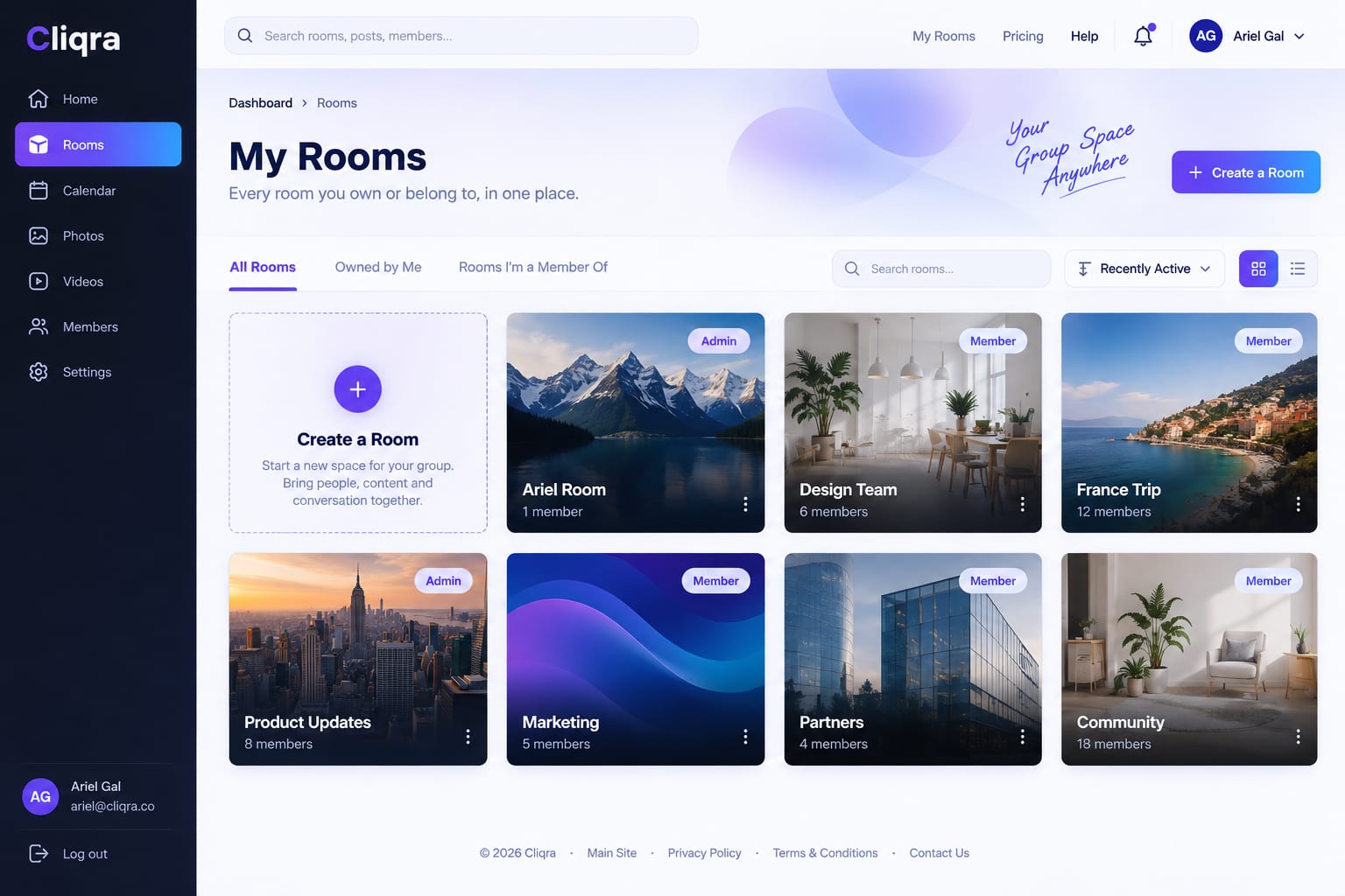 The All Rooms page in Cliqra, showing every Room and Page you own or belong to
