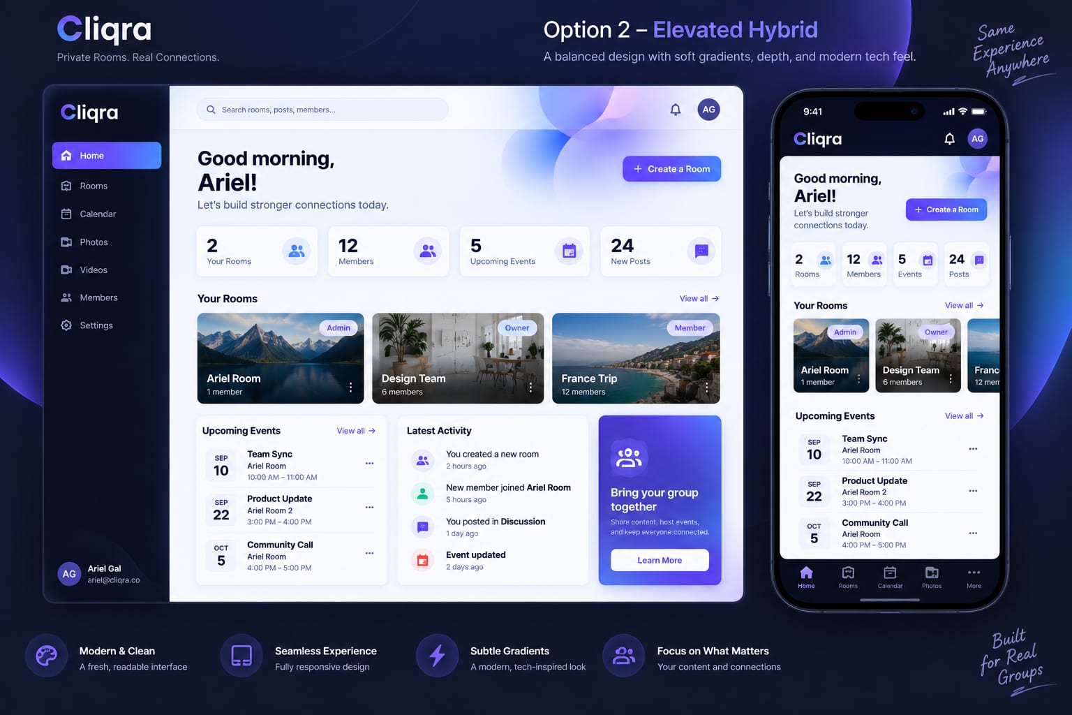 The Cliqra dashboard on a computer and on a phone, listing your Rooms, members and upcoming events