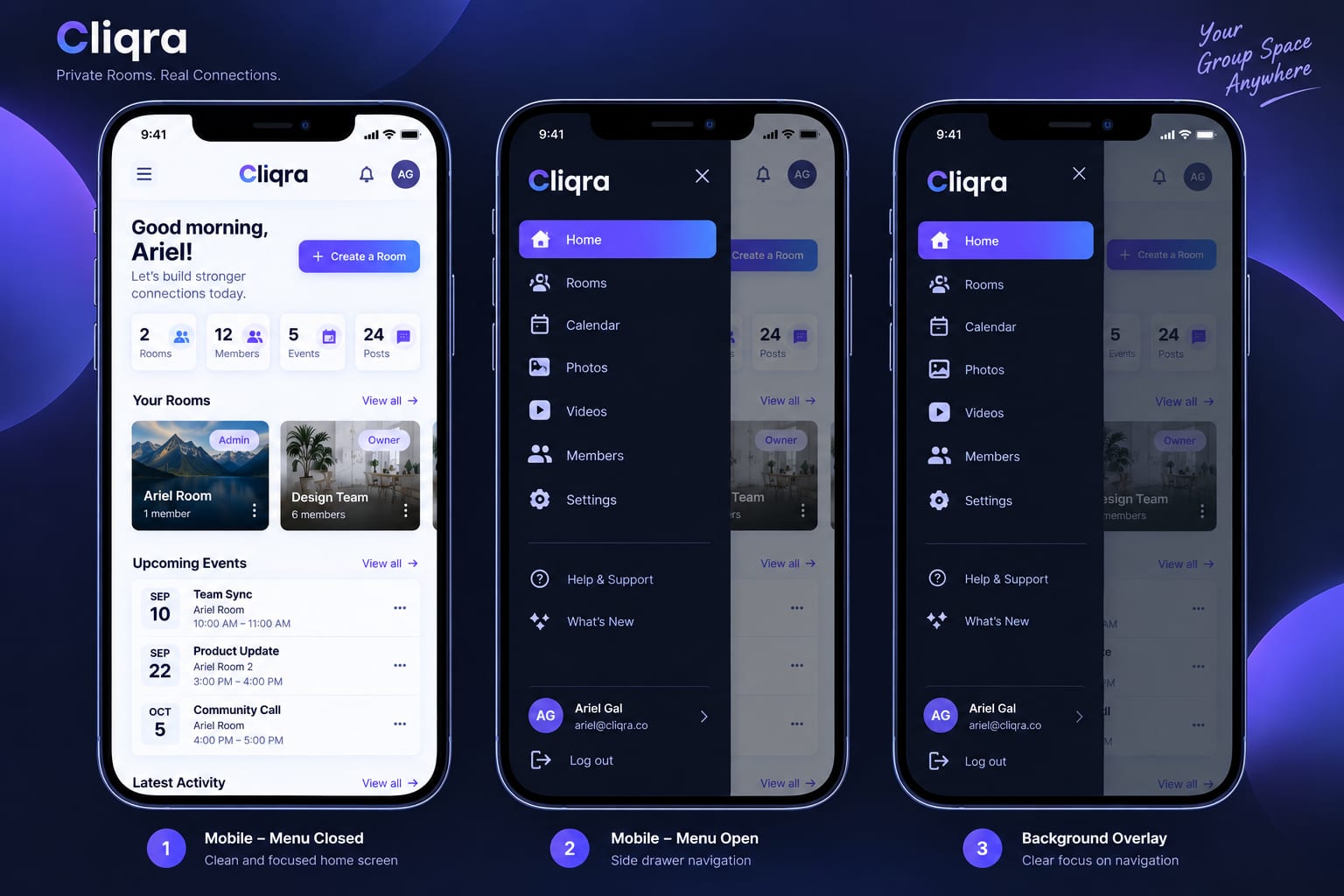 The Cliqra menu on desktop and on a phone